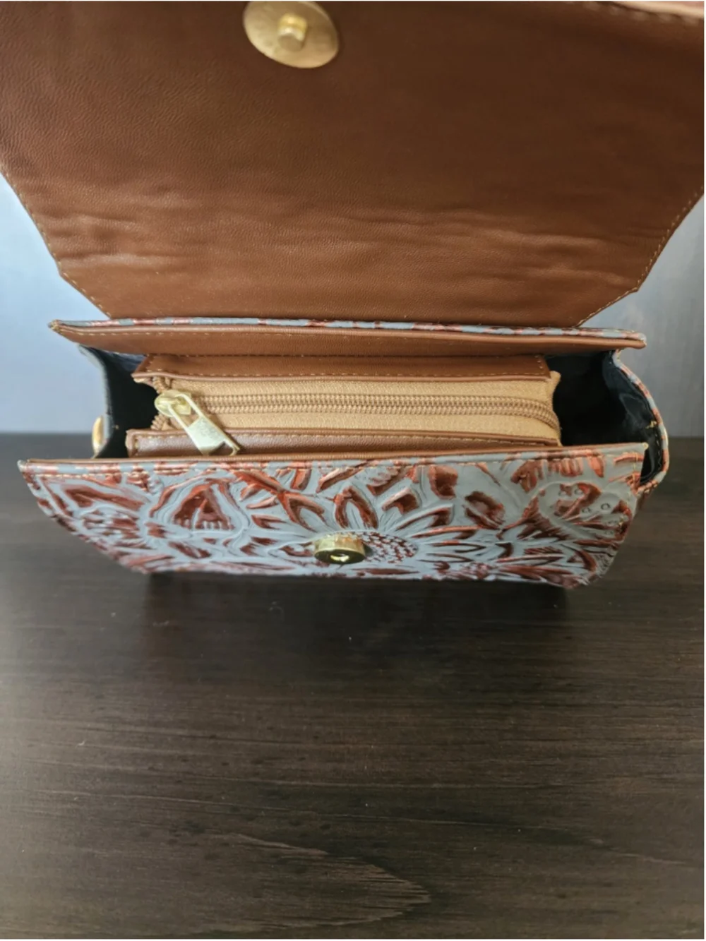 Blue Gray Bronze Sunflower Embossed Tooled Artisan Leather Crossbody Purse